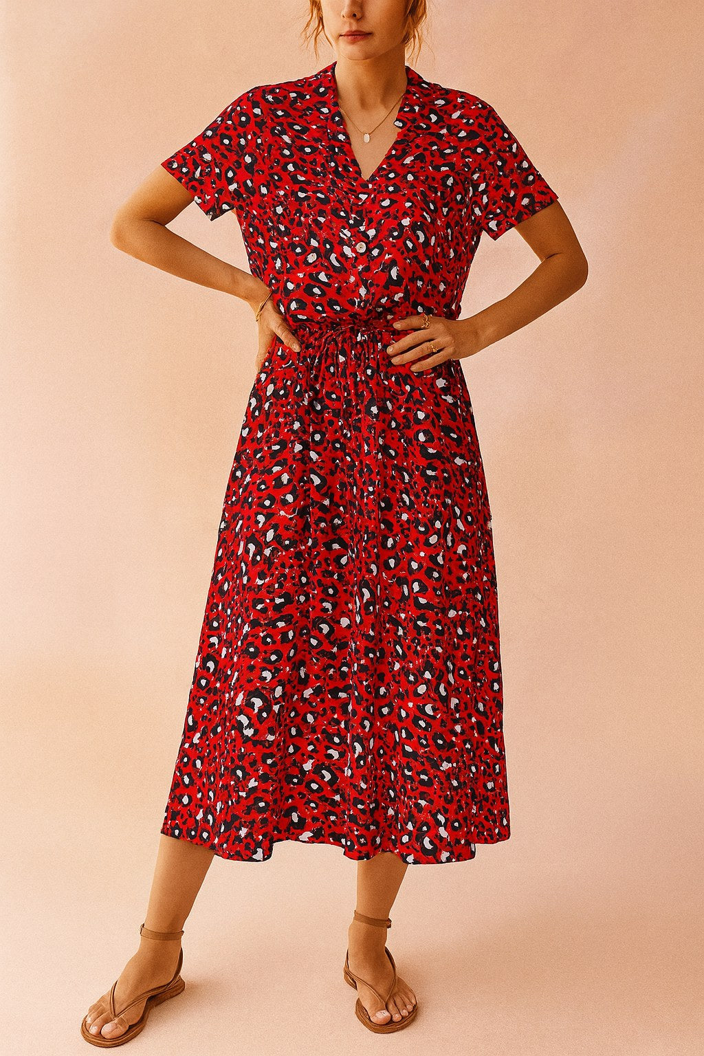 Savannah | Women's Boho Midi Dress with Tie Waist, Lightweight Summer Dress for Holidays and Resort Wear, Lightweight Summer Dress for Holidays and Resort Wear - Red