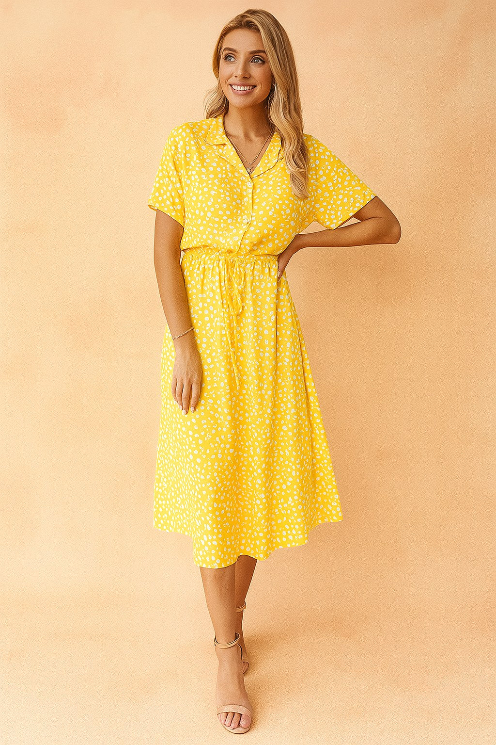 Savannah | Women's Boho Midi Dress with Tie Waist, Lightweight Summer Dress for Holidays and Resort Wear, Lightweight Summer Dress for Holidays and Resort Wear - Yellow