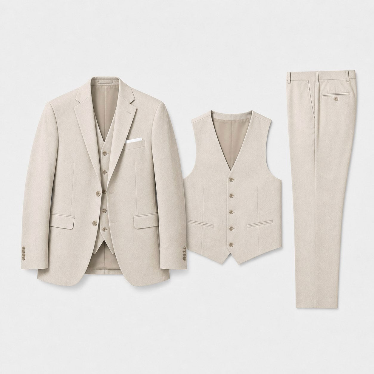 Sebastian | Men's Linen Three-Piece Suit with Waistcoat, Tailored Blazer Suit | Dressific | Beige