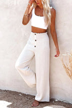 Serena | Women's High-Waist Wide-Leg Linen Trousers, Comfortable Summer Trousers for Travel and Everyday Wear, Comfortable Summer Trousers for Travel and Everyday Wear - White