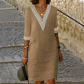 Sienna | Women's Cotton-Linen Midi Dress with V-Neckline, Lace-Trim Midi Dress | Dressific