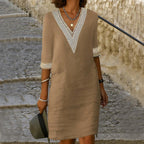 Sienna | Women's Cotton-Linen Midi Dress with V-Neckline, Lace-Trim Midi Dress | Dressific