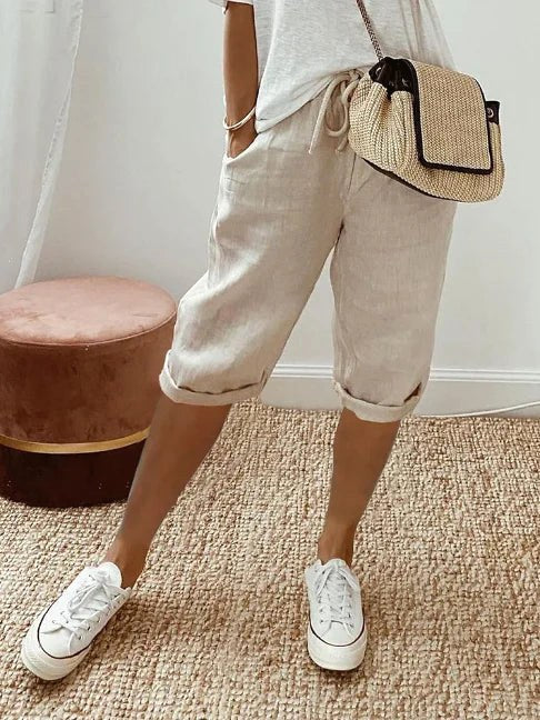 Sienna | Women's Lightweight Capri Trousers with Elasticated Waist, Drawstring Cropped Trousers | Dressific | Khaki