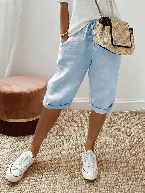 Sienna | Women's Lightweight Capri Trousers with Elasticated Waist, Drawstring Cropped Trousers | Dressific | Hemelsblauw
