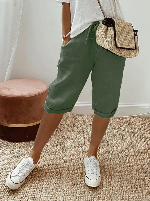 Sienna | Women's Lightweight Capri Trousers with Elasticated Waist, Drawstring Cropped Trousers | Dressific | Legergroen