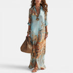 Sienna | Women's Maxi Shirt Dress with Mediterranean Print, Flowing Collar Dress | Dressific
