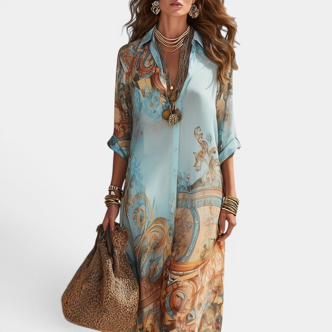 Sienna | Women's Maxi Shirt Dress with Mediterranean Print, Flowing Collar Dress | Dressific