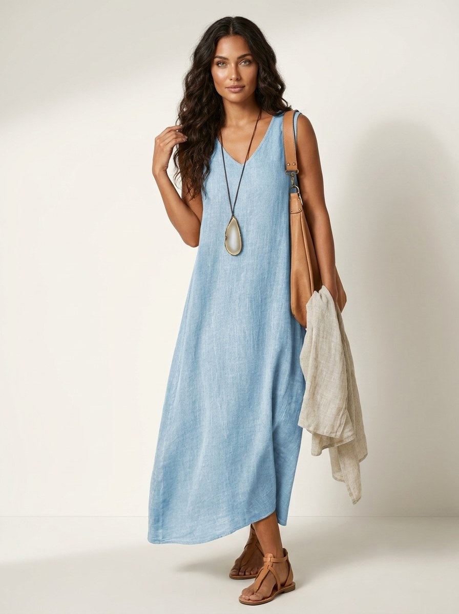 Skye | Women's Linen-Look Maxi Dress, V-Neck Sleeveless Dress | Dressific | Khaki