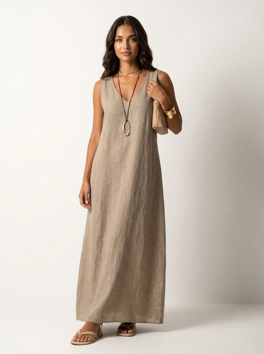 Skye | Women's Linen-Look Maxi Dress, V-Neck Sleeveless Dress | Dressific | Roze