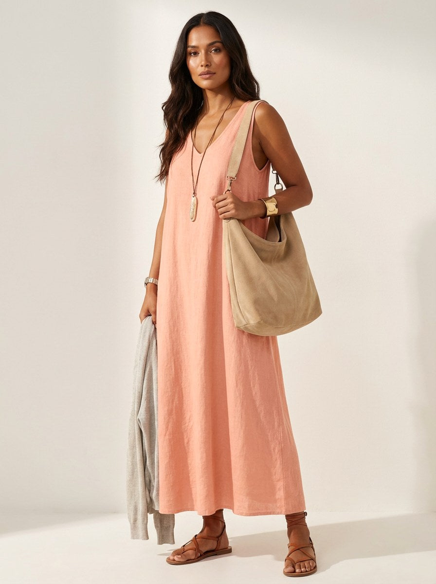 Skye | Women's Linen-Look Maxi Dress, V-Neck Sleeveless Dress | Dressific | Oranje