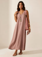 Skye | Women's Linen-Look Maxi Dress, V-Neck Sleeveless Dress | Dressific | Lichtblauw