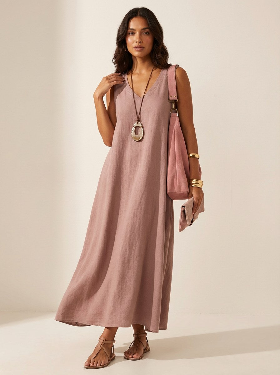 Skye | Women's Linen-Look Maxi Dress, V-Neck Sleeveless Dress | Dressific | Lichtblauw