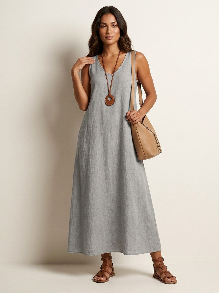 Skye | Women's Linen-Look Maxi Dress, V-Neck Sleeveless Dress | Dressific | Grijs
