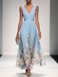 Sophie | Women's Floral V-Neck Midi Dress, A-Line Wedding Guest Dress | Dressific | Light Blue