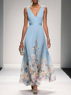 Sophie | Women's Floral V-Neck Midi Dress, A-Line Wedding Guest Dress | Dressific | Light Blue
