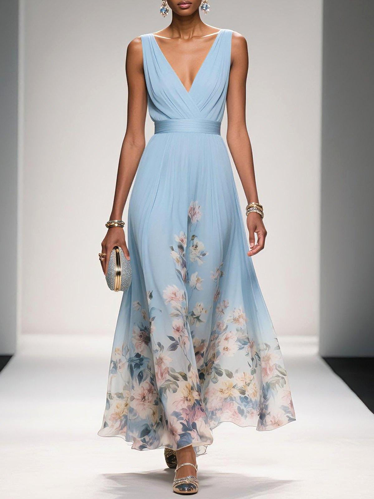 Sophie | Women's Floral V-Neck Midi Dress, A-Line Wedding Guest Dress | Dressific | Light Blue