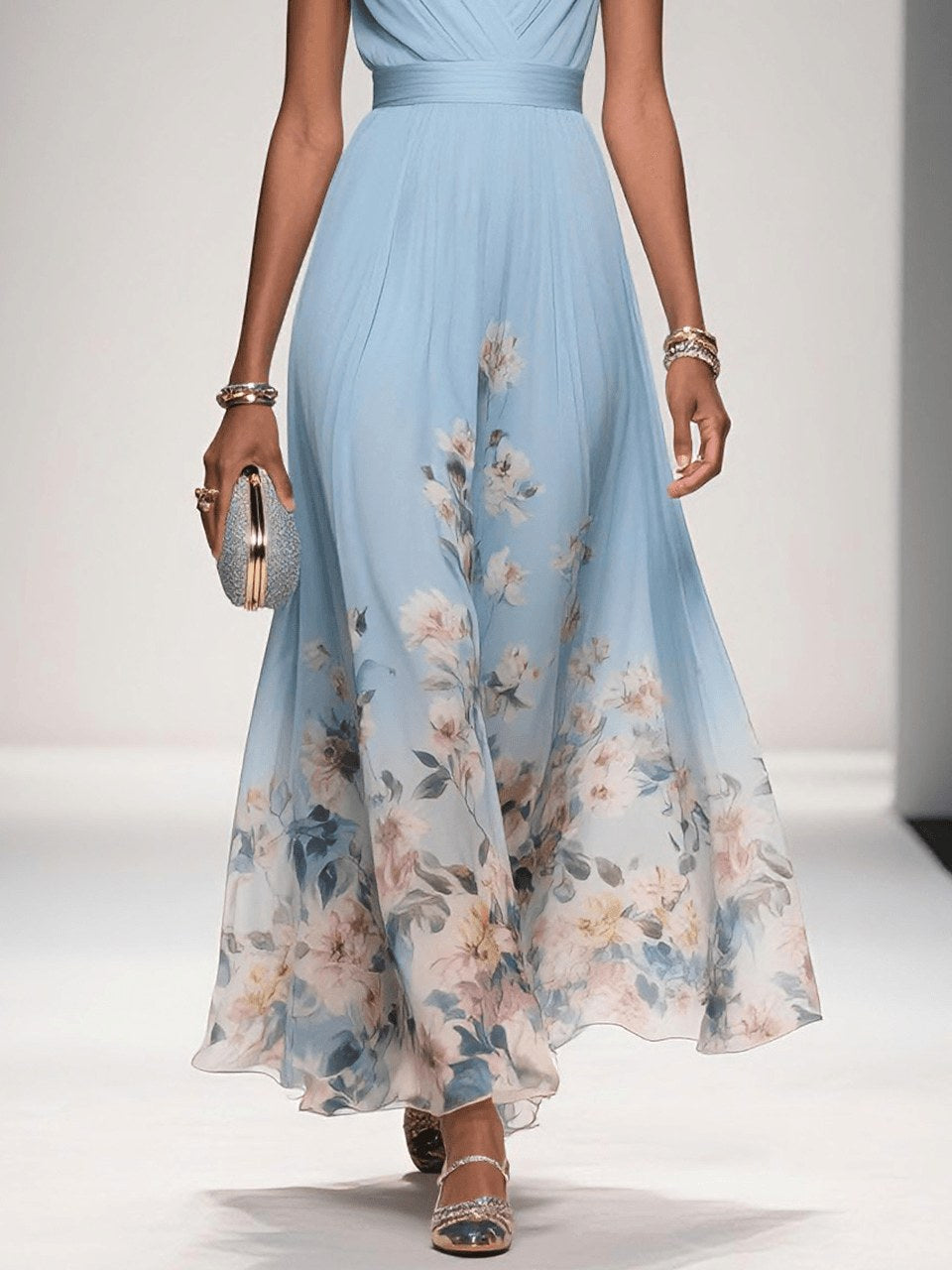Sophie | Women's Floral V-Neck Midi Dress, A-Line Wedding Guest Dress | Dressific