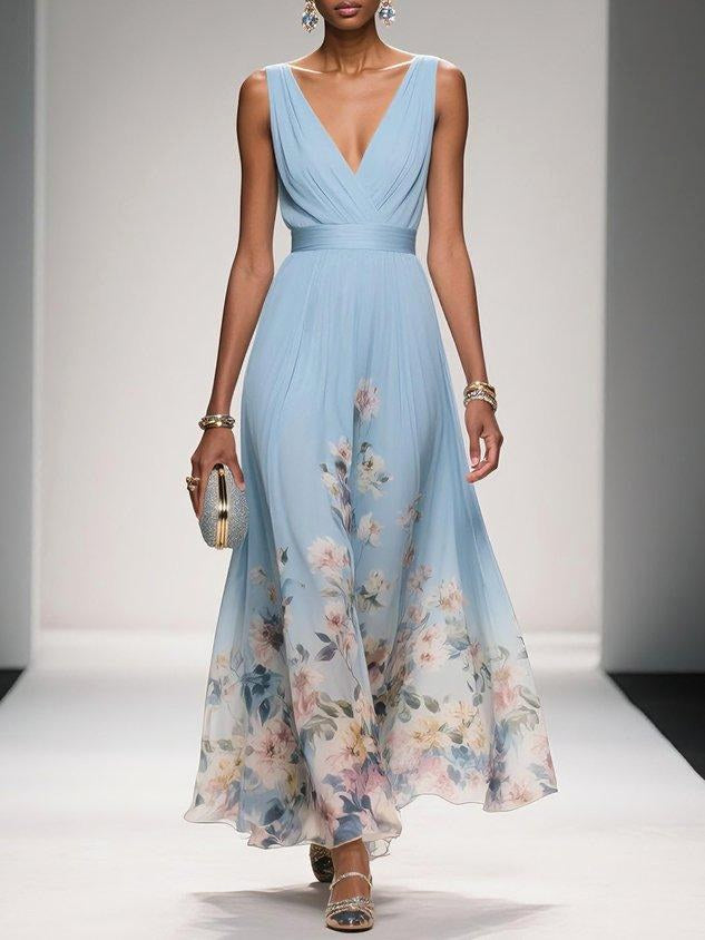 Sophie | Women's Floral V-Neck Midi Dress, A-Line Wedding Guest Dress | Dressific