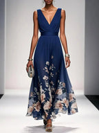 Sophie | Women's Floral V-Neck Midi Dress, A-Line Wedding Guest Dress | Dressific | Navy Blue
