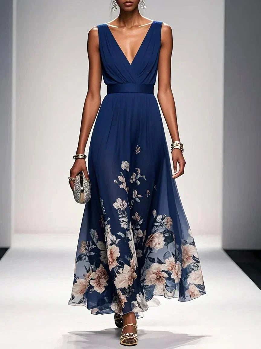 Sophie | Women's Floral V-Neck Midi Dress, A-Line Wedding Guest Dress | Dressific | Navy Blue
