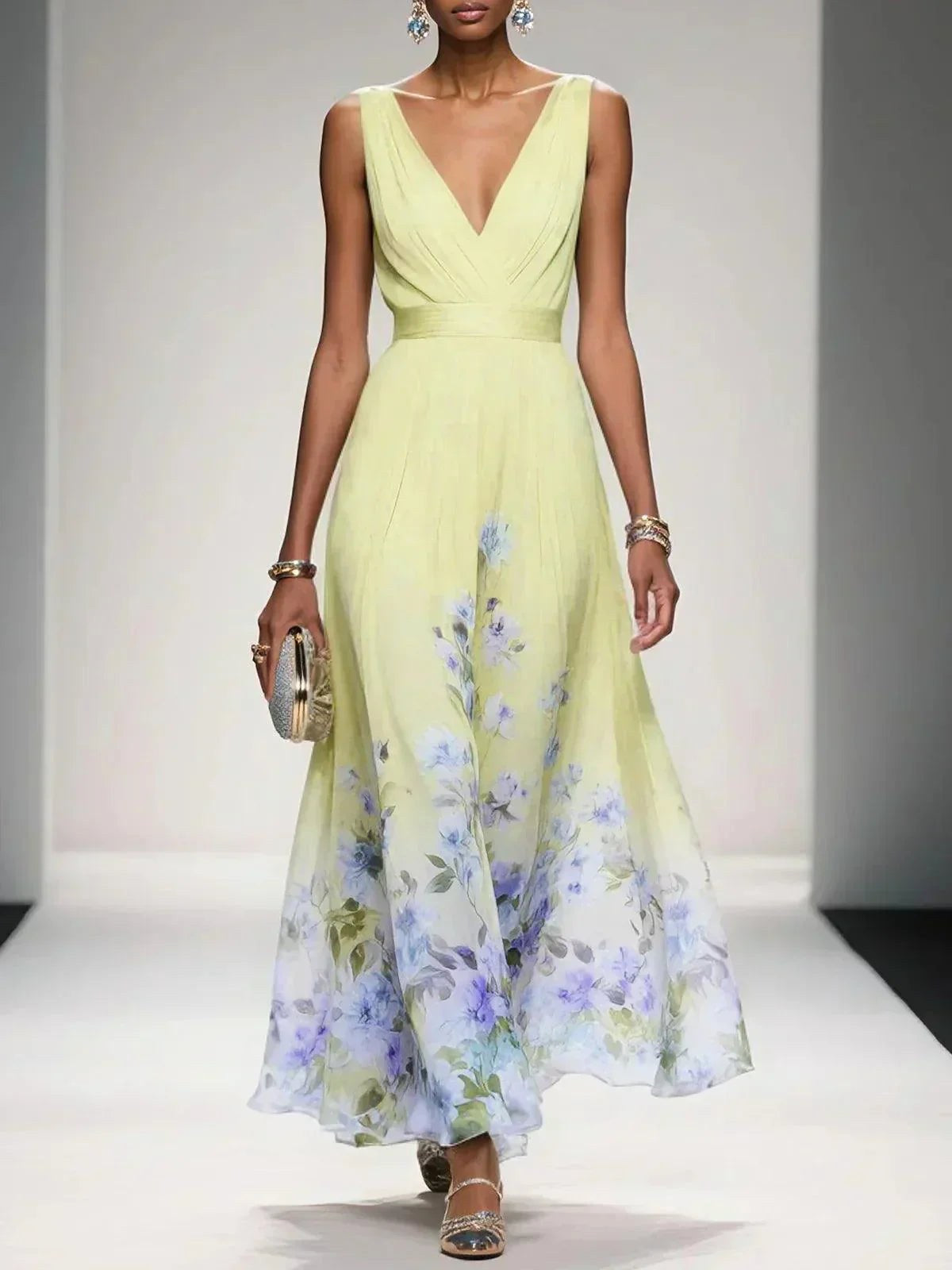 Sophie | Women's Floral V-Neck Midi Dress, A-Line Wedding Guest Dress | Dressific | Yellow