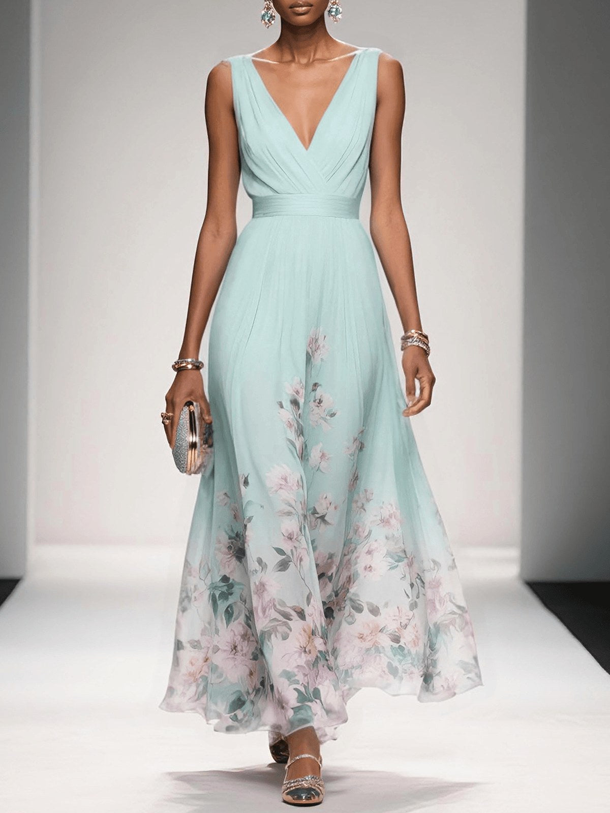 Sophie | Women's Floral V-Neck Midi Dress, A-Line Wedding Guest Dress | Dressific | Light Green
