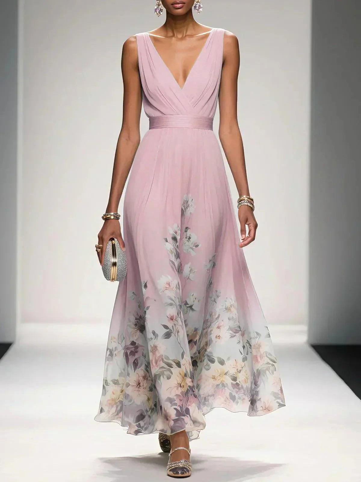 Sophie | Women's Floral V-Neck Midi Dress, A-Line Wedding Guest Dress | Dressific | Pink