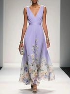 Sophie | Women's Floral V-Neck Midi Dress, A-Line Wedding Guest Dress | Dressific | Purple