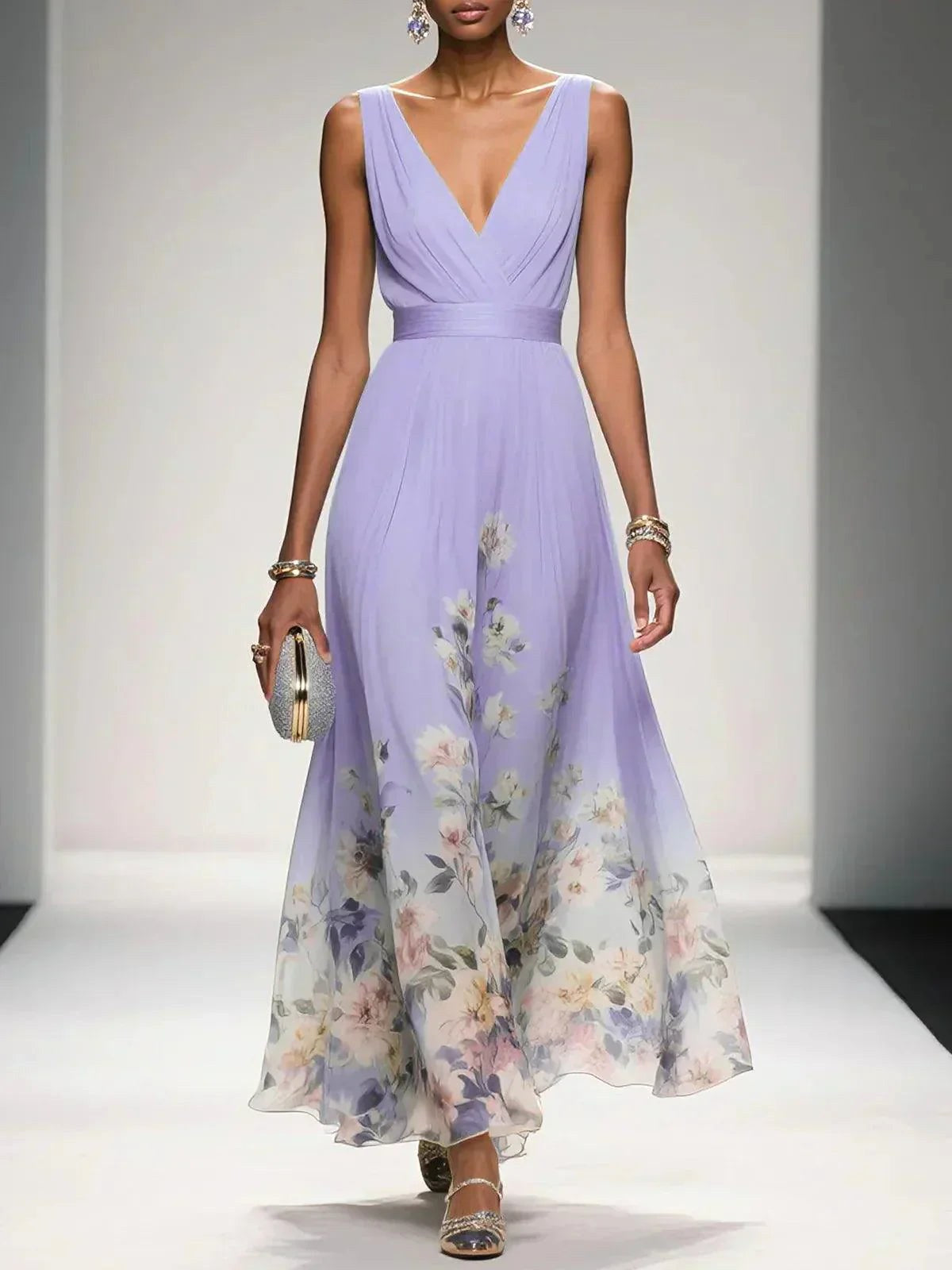 Sophie | Women's Floral V-Neck Midi Dress, A-Line Wedding Guest Dress | Dressific | Purple