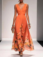 Sophie | Women's Floral V-Neck Midi Dress, A-Line Wedding Guest Dress | Dressific | Orange