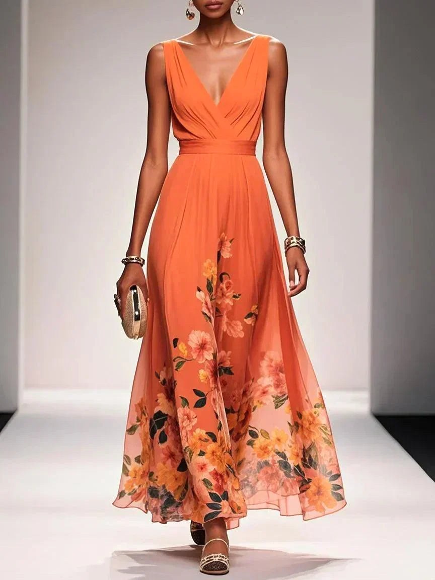 Sophie | Women's Floral V-Neck Midi Dress, A-Line Wedding Guest Dress | Dressific | Orange