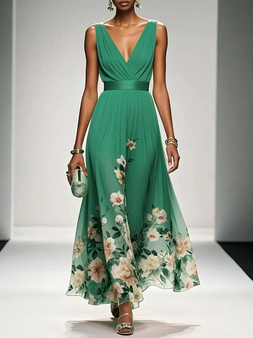 Sophie | Women's Floral V-Neck Midi Dress, A-Line Wedding Guest Dress | Dressific | Green