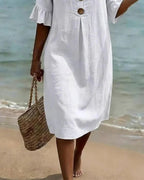 Tahlia | Women's Cotton-Linen Shirt Dress, Button-Front Flutter-Sleeve Dress | Dressific