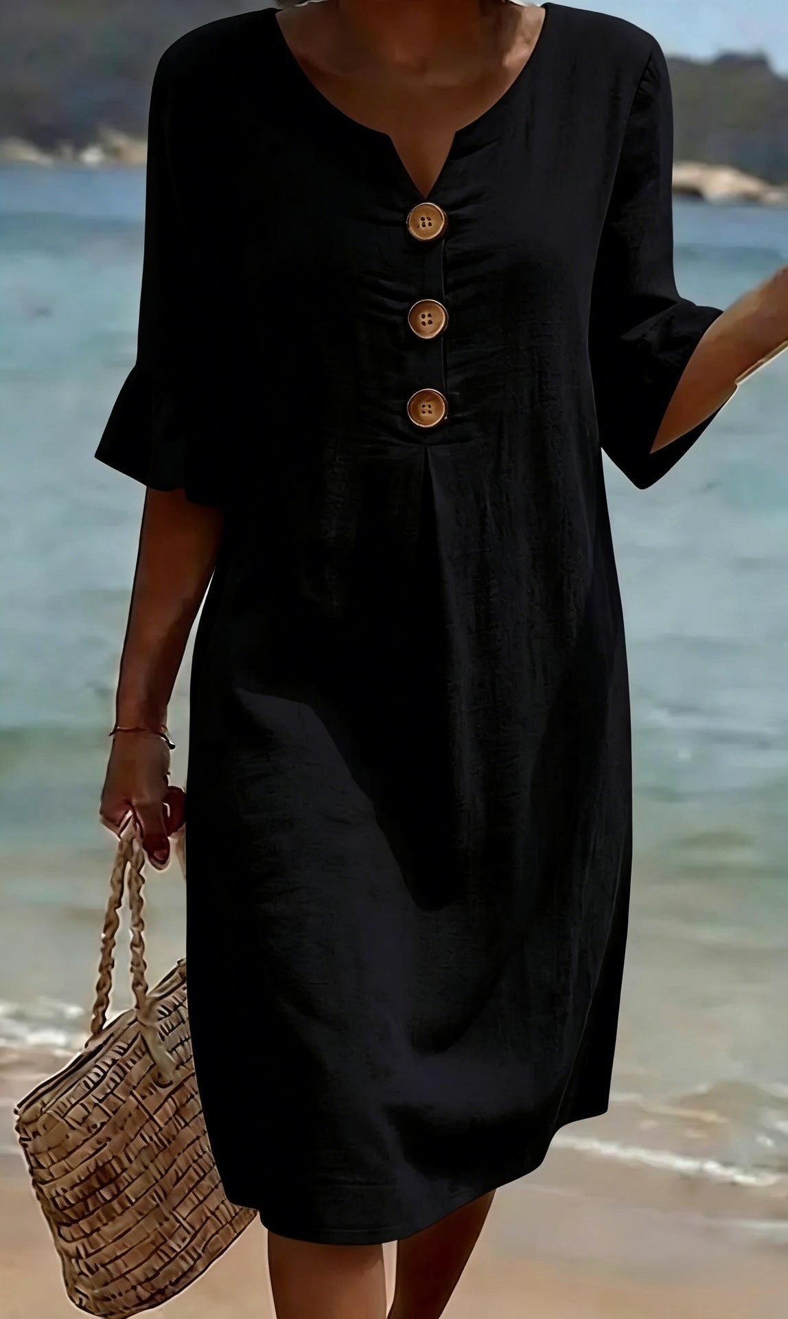 Tahlia | Women's Cotton-Linen Shirt Dress, Button-Front Flutter-Sleeve Dress | Dressific