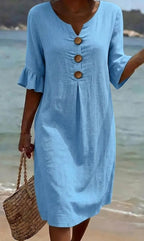 Tahlia | Women's Cotton-Linen Shirt Dress, Button-Front Flutter-Sleeve Dress | Dressific