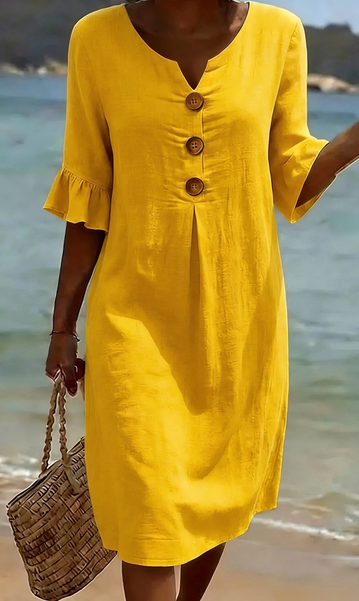 Tahlia | Women's Cotton-Linen Shirt Dress, Button-Front Flutter-Sleeve Dress | Dressific