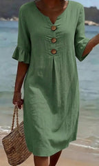 Tahlia | Women's Cotton-Linen Shirt Dress, Button-Front Flutter-Sleeve Dress | Dressific