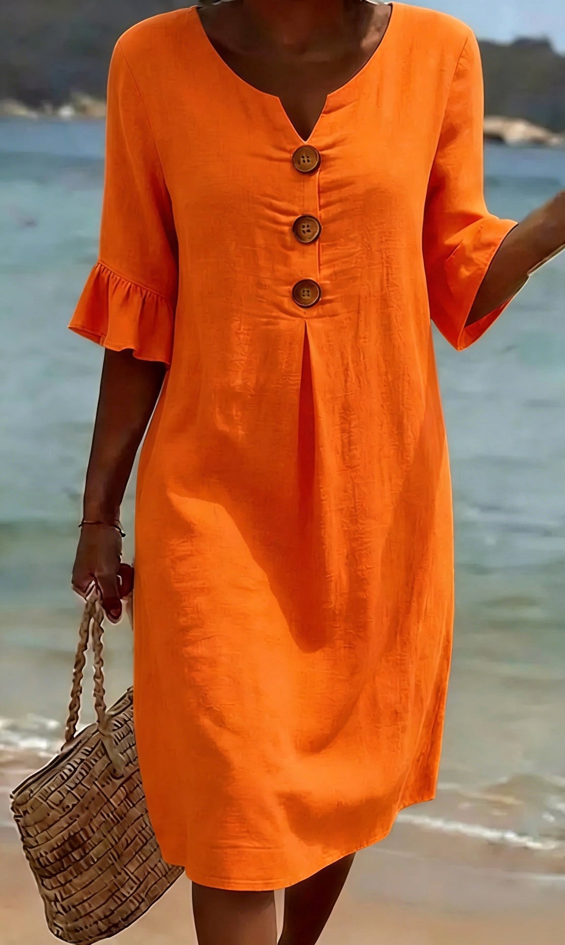 Tahlia | Women's Cotton-Linen Shirt Dress, Button-Front Flutter-Sleeve Dress | Dressific
