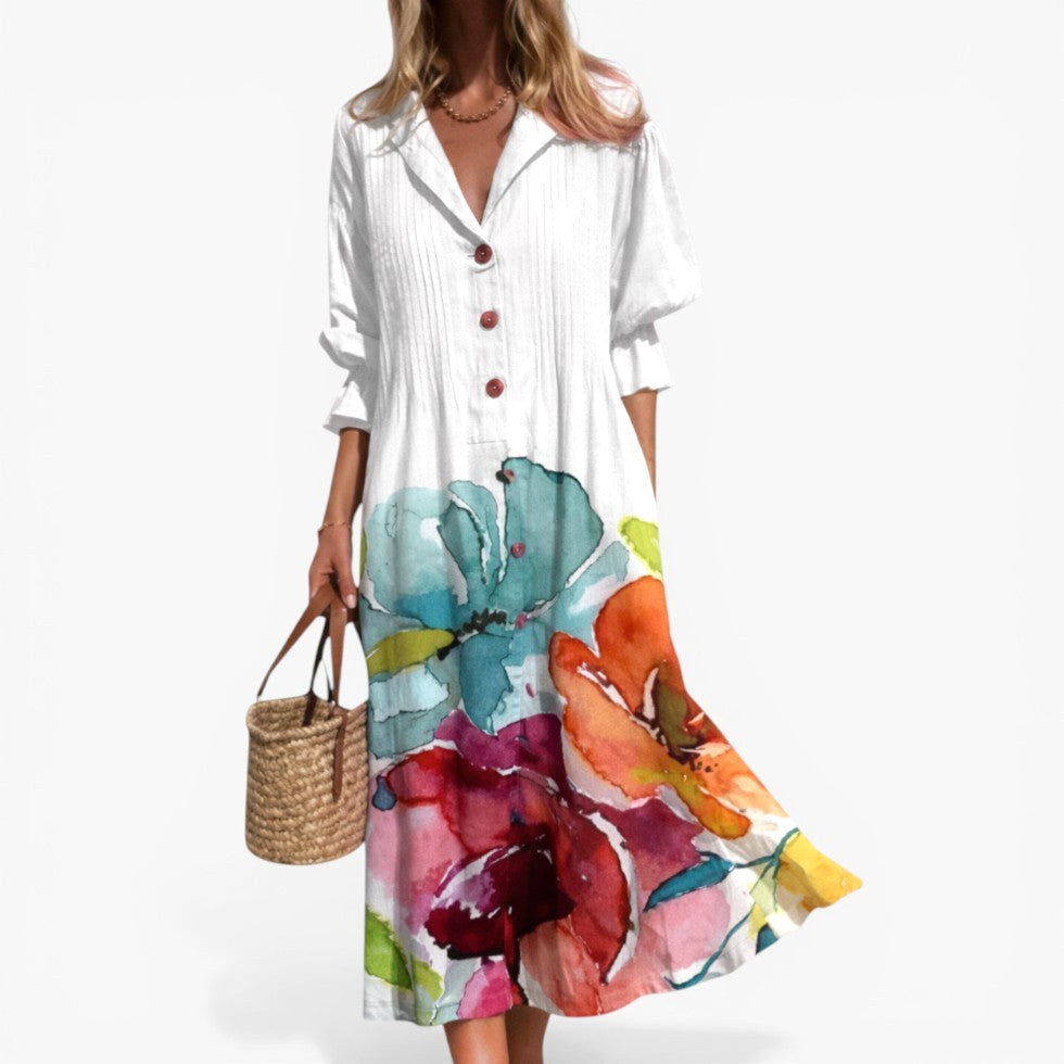 Tahlia | Women's Relaxed Shirt Dress with Bold Print, Button-Front Day Dress | Dressific | Blanco