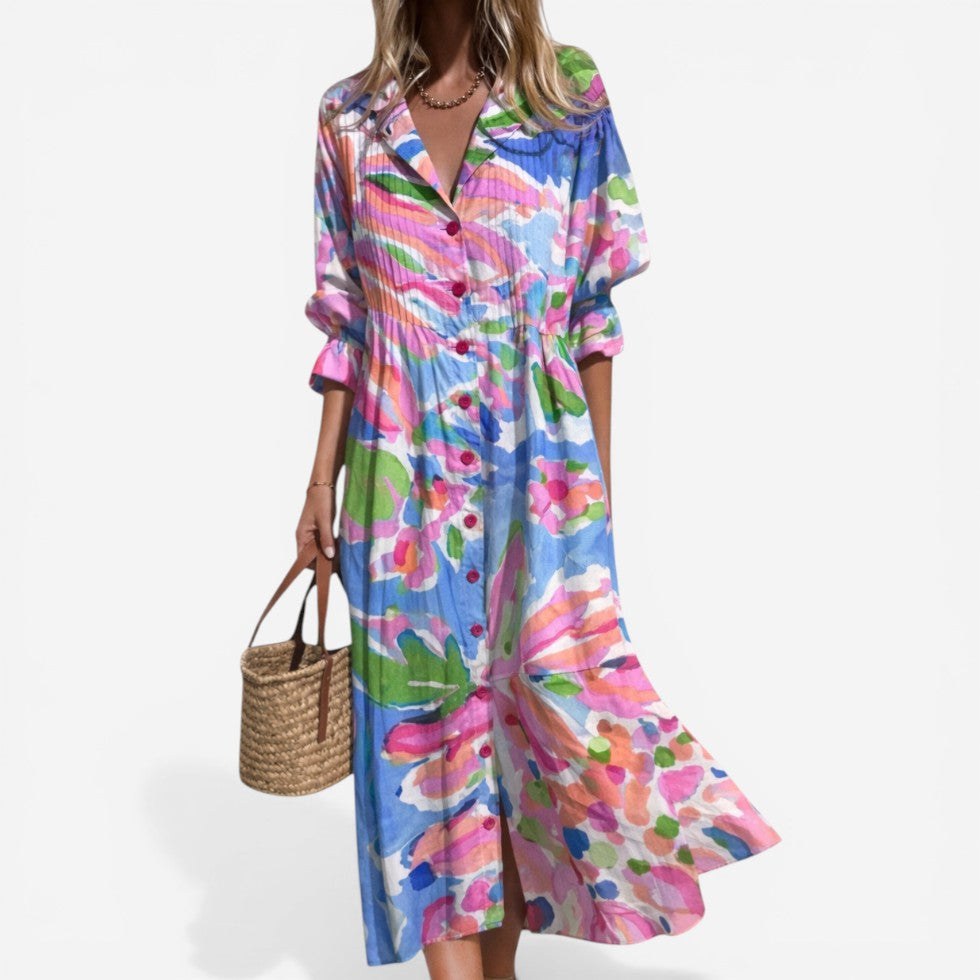 Tahlia | Women's Relaxed Shirt Dress with Bold Print, Button-Front Day Dress | Dressific | Azul
