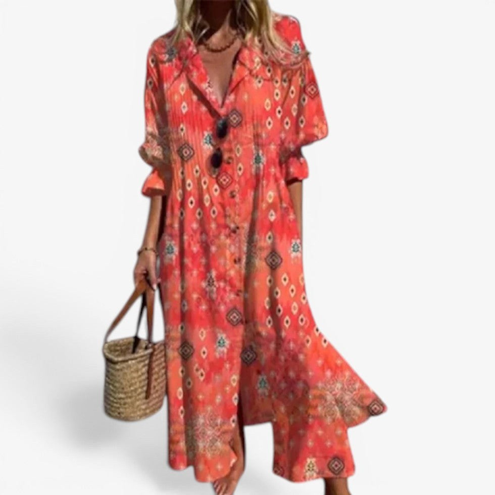 Tahlia | Women's Relaxed Shirt Dress with Bold Print, Button-Front Day Dress | Dressific | Rojo