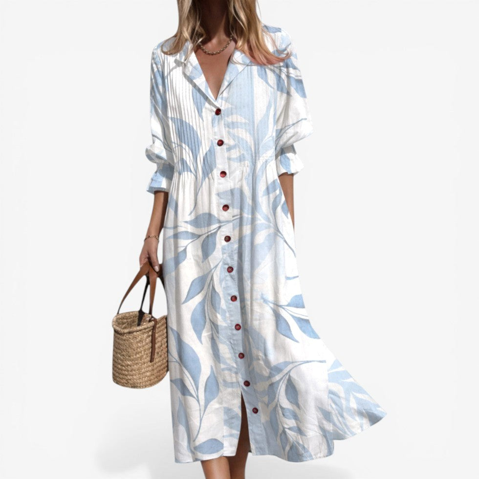 Tahlia | Women's Relaxed Shirt Dress with Bold Print, Button-Front Day Dress | Dressific | Azul claro