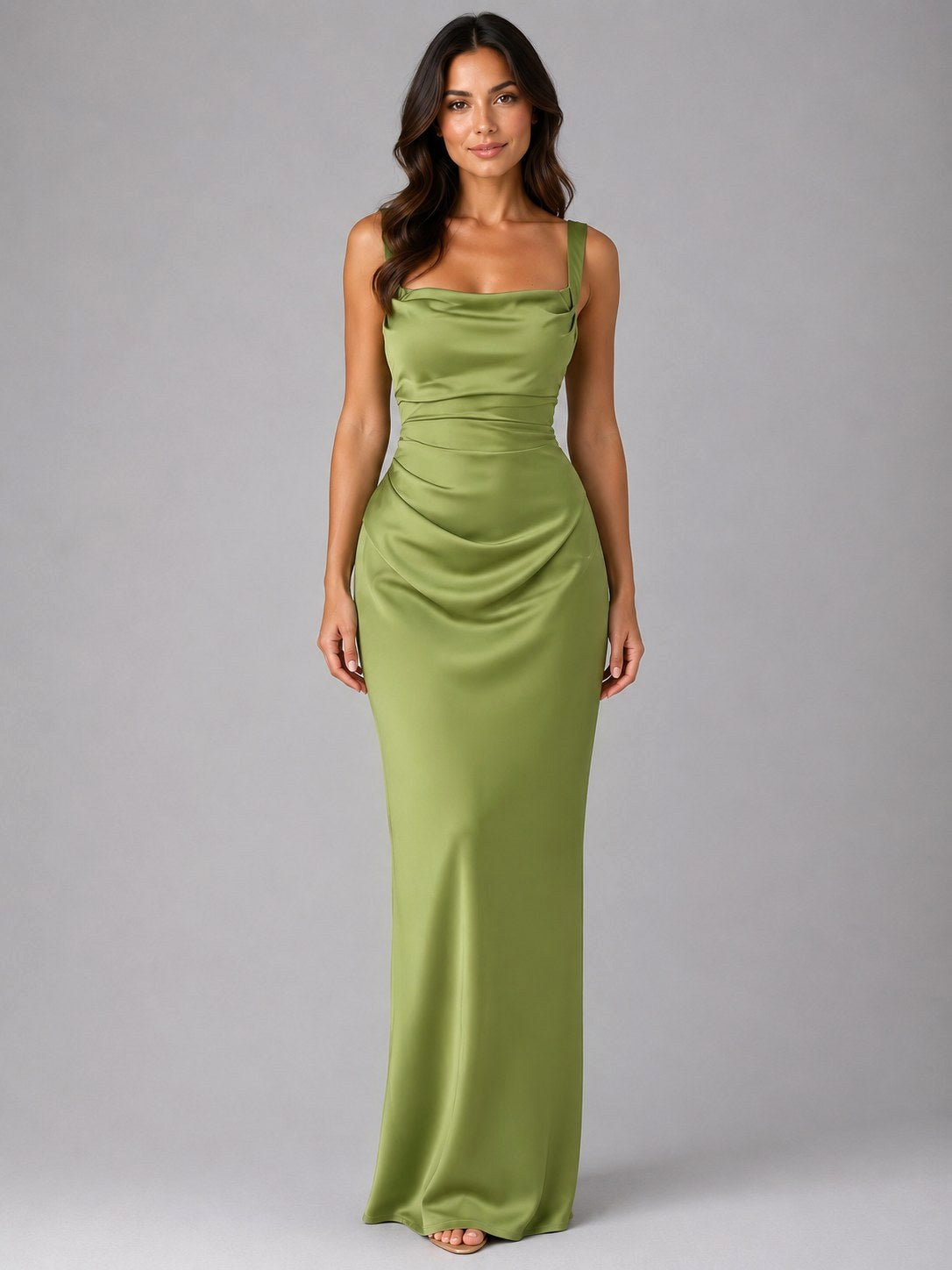 Tanya | Women's Satin Maxi Dress with Ruched Waist, Sculpted Evening Dress | Dressific | Green