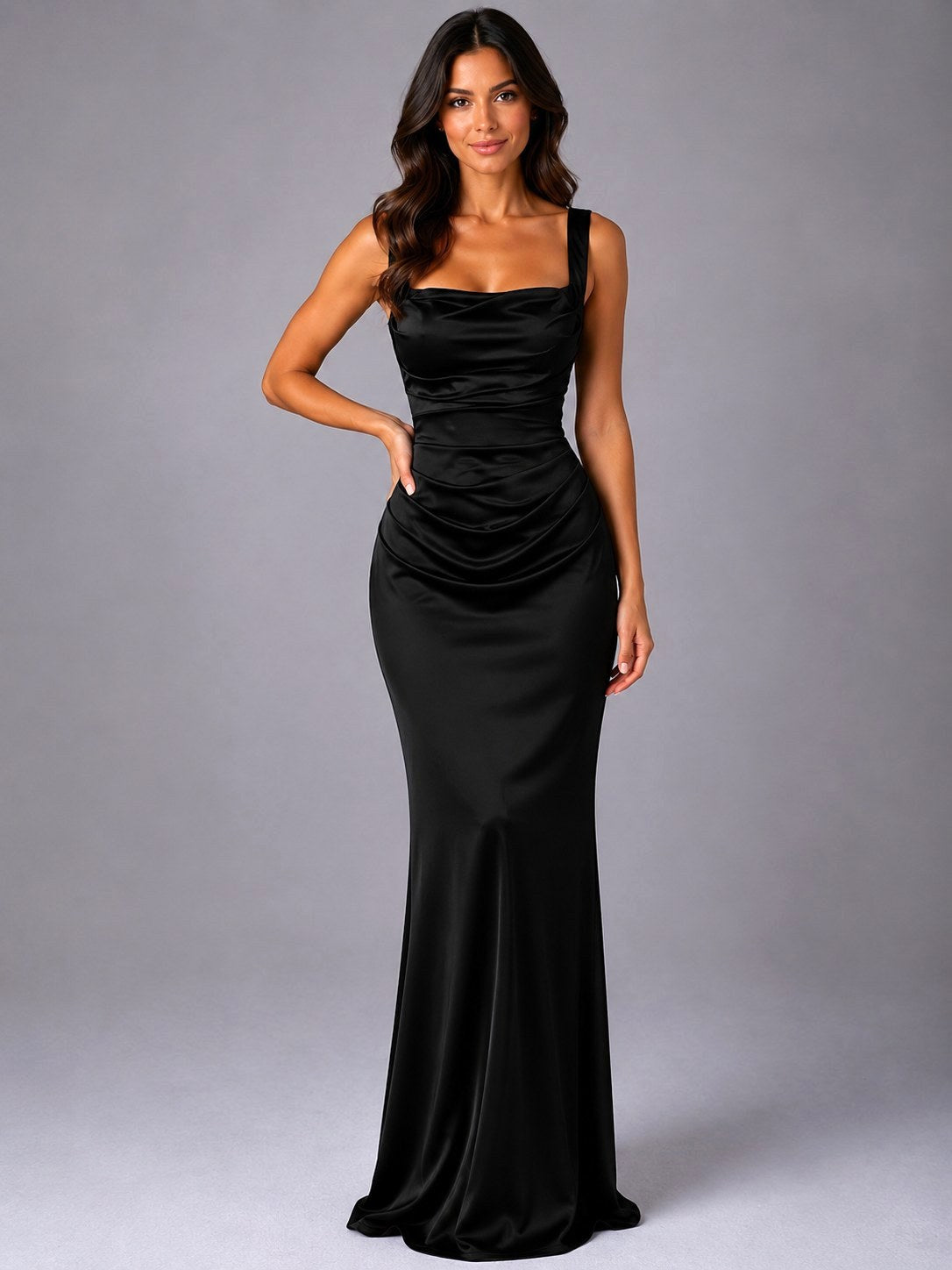 Tanya | Women's Satin Maxi Dress with Ruched Waist, Sculpted Evening Dress | Dressific