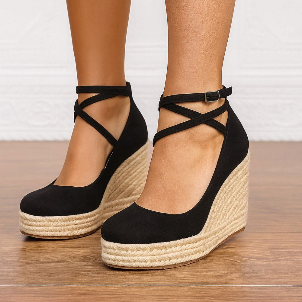Taylah | Women's Orthopedic Suede Espadrille Wedge Sandals, Woven Rope Wedge Sandals | Dressific | Black