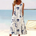 Tegan | Women's Sleeveless A-Line Midi Dress, Floral Print Midi Dress | Dressific | Blauw