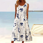 Tegan | Women's Sleeveless A-Line Midi Dress, Floral Print Midi Dress | Dressific | Blauw