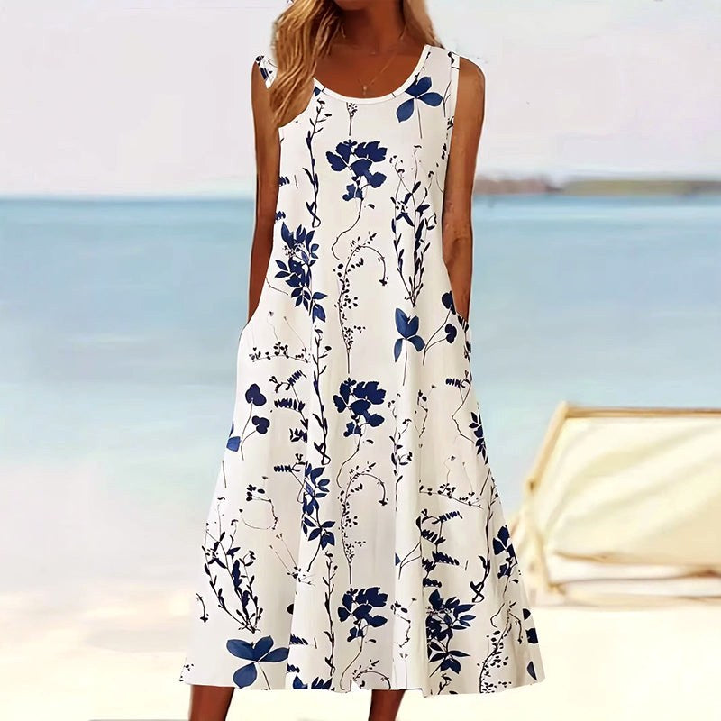 Tegan | Women's Sleeveless A-Line Midi Dress, Floral Print Midi Dress | Dressific | Blauw