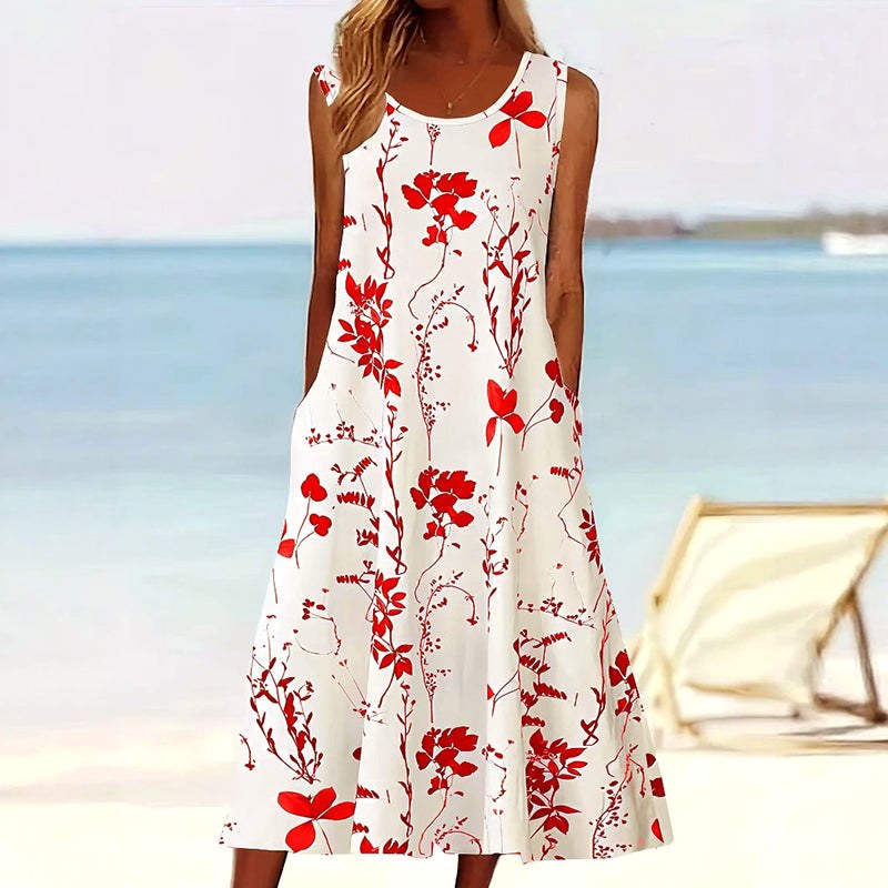 Tegan | Women's Sleeveless A-Line Midi Dress, Floral Print Midi Dress | Dressific | Rood
