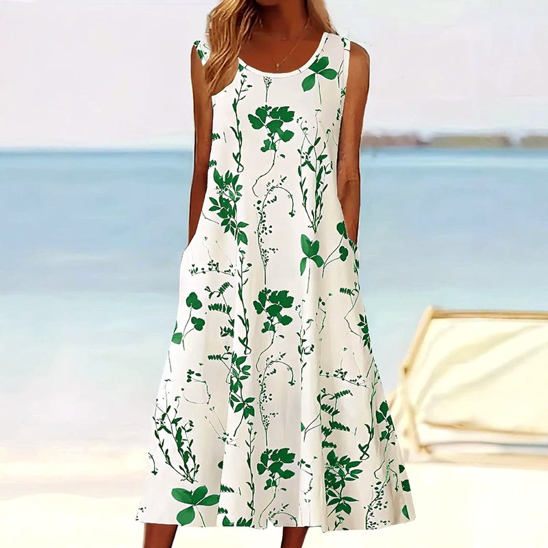 Tegan | Women's Sleeveless A-Line Midi Dress, Floral Print Midi Dress | Dressific | Groen